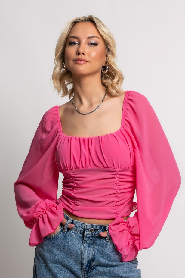 Cropped τούλινη μπλούζα με balloon μανίκια φούξια