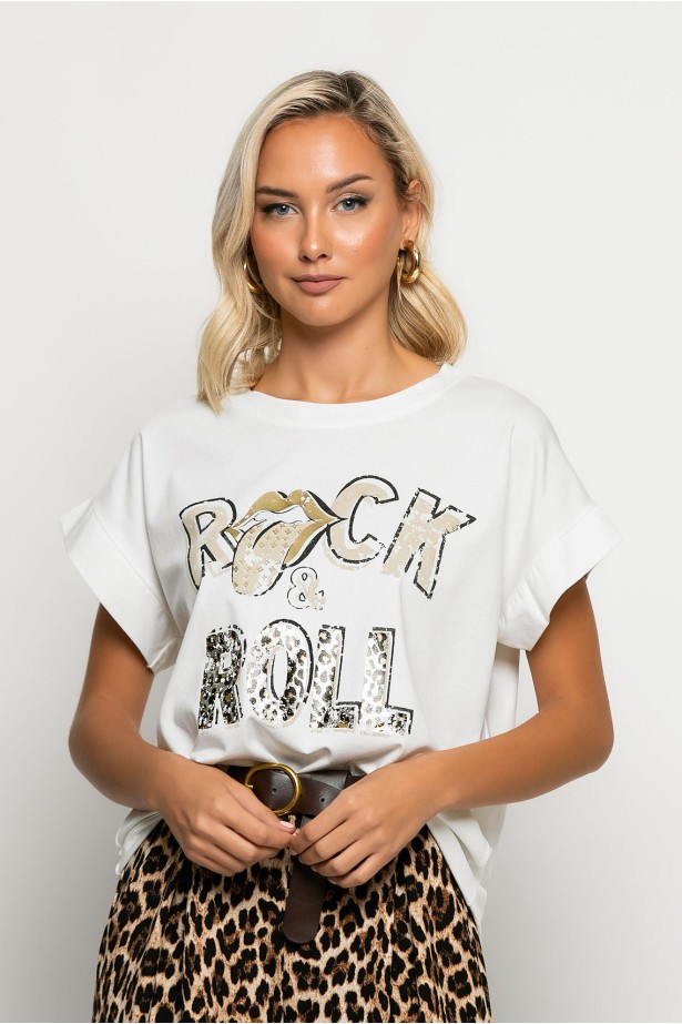 T-shirt με στάμπα rock and roll λευκό