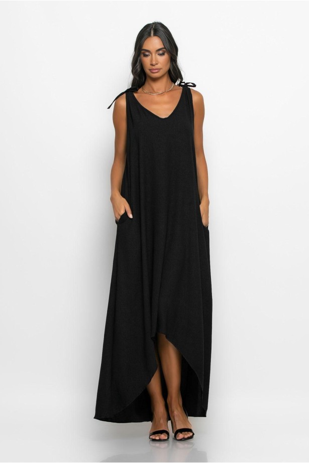 Μάξι φόρεμα ασύμμετρο φόρεμα με δέσιμο στους ώμους μαύρο