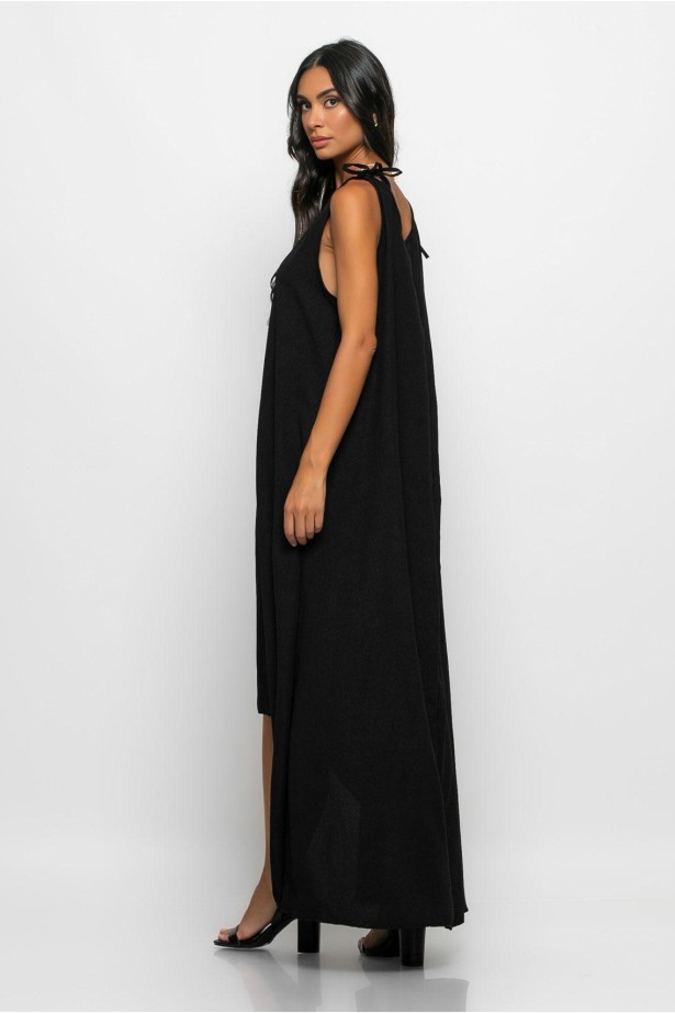 Μάξι φόρεμα ασύμμετρο φόρεμα με δέσιμο στους ώμους μαύρο