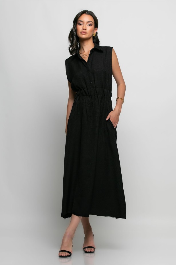 Μίντι φόρεμα με κουμπιά και λάστιχο στην μέση μαύρο