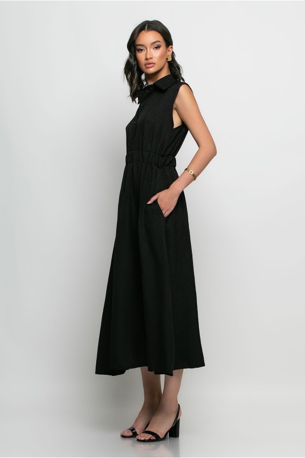 Μίντι φόρεμα με κουμπιά και λάστιχο στην μέση μαύρο