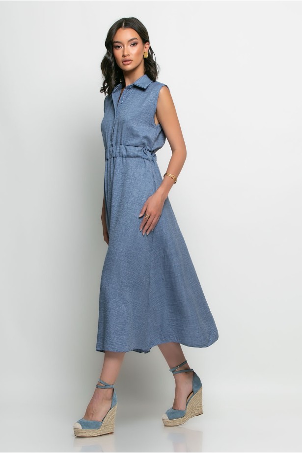 Μίντι φόρεμα με κουμπιά και λάστιχο στην μέση μπλε ντένιμ