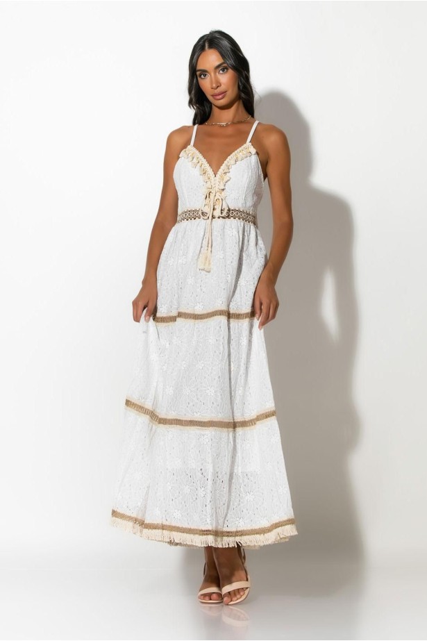 Μάξι φόρεμα κυπούρ με λεπτομέρεια κρόσια λευκό
