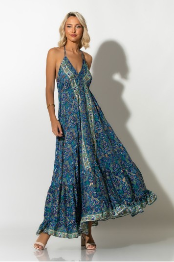 Μάξι φόρεμα φλοράλ τύπου σατέν με ανοιχτή πλάτη μπλε