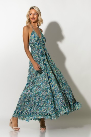Μάξι φόρεμα φλοράλ τύπου σατέν με ανοιχτή πλάτη μπλε