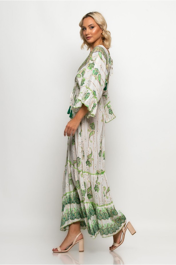 Μάξι φόρεμα εμπριμέ λαχούρια με νυχτερίδα μανίκια και άνοιγμα πίσω apple green