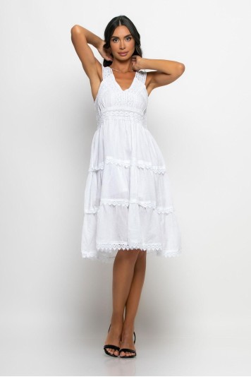 Μίντι φόρεμα με τιράντα δαντέλα λευκό