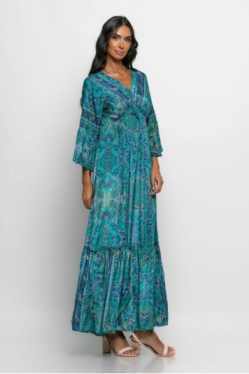 Μάξι φόρεμα εμπριμέ τύπου σατέν με τρουακάρ μανίκια μπλε