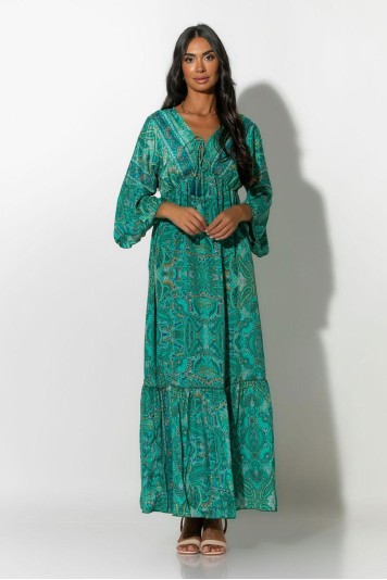 Μάξι φόρεμα εμπριμέ τύπου σατέν με τρουακάρ μανίκια μπλε