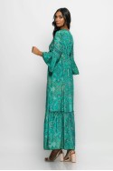 Μάξι φόρεμα εμπριμέ τύπου σατέν με τρουακάρ μανίκια τιρκουάζ