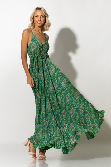 Μάξι φόρεμα boho τύπου σατέν τιραντέ με κορδόνι στην μέση πράσινο
