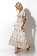 Μάξι φόρεμα με μεταλλικές λεπτομέρειες λαχούρια και βολάν στα μανίκια μπεζ