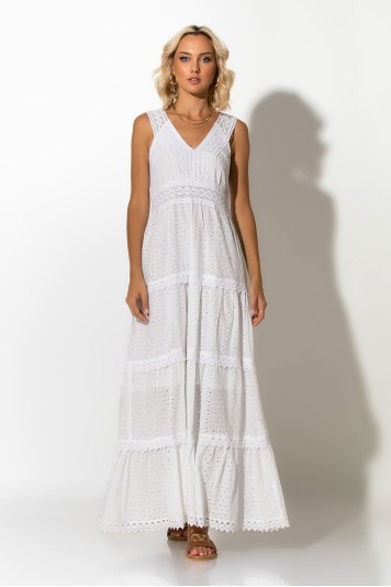 Μάξι φόρεμα κυπούρ με λεπτομέρεια δαντέλα λευκό