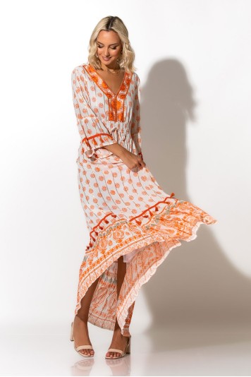 Μάξι φόρεμα boho με τρουακάρ μανίκια πορτοκαλί