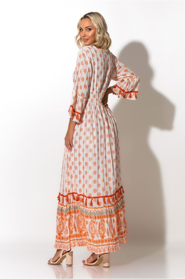 Μάξι φόρεμα boho με τρουακάρ μανίκια πορτοκαλί