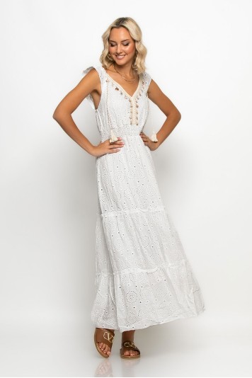 Μάξι φόρεμα κυπούρ με λεπτομέρεια κοχυλάκια λευκό