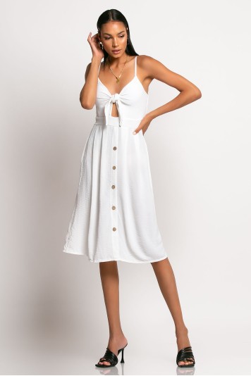 Μίντι φόρεμα με κουμπιά και δέσιμο στο στήθος λευκό
