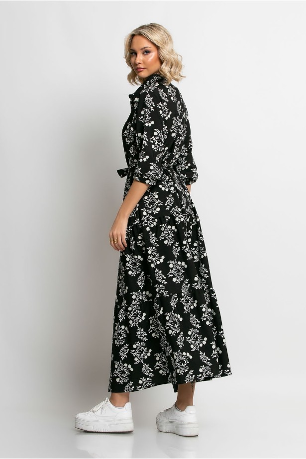 Μακρύ φόρεμα σεμιζιέ φλοράλ με ζωνάκι μαύρο