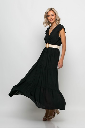 Φόρεμα κρουαζέ με βολάν στο μανίκι και ζώνη μαύρο