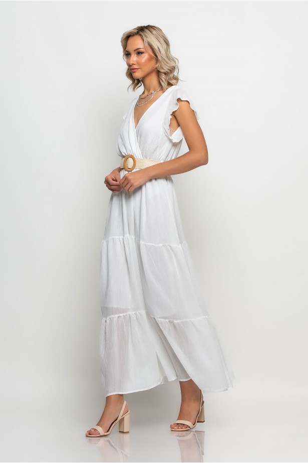 Φόρεμα κρουαζέ με βολάν στο μανίκι και ζώνη λευκό