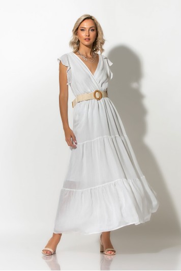 Φόρεμα κρουαζέ με βολάν στο μανίκι και ζώνη λευκό