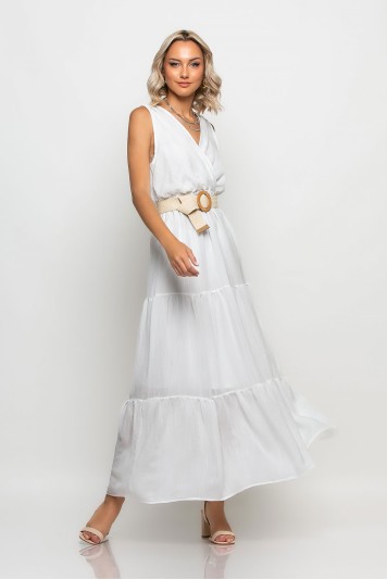 Φόρεμα κρουαζέ αμάνικο με ζώνη λευκό