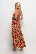 Μάξι φόρεμα τιραντέ κρουαζέ εμπριμέ με μεταλλιζέ λεπτομέρειες κόκκινο