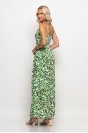 Μάξι φόρεμα τιραντέ κρουαζέ εμπριμέ με χρυσές λεπτομέρειες apple green