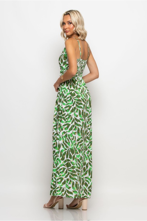 Μάξι φόρεμα τιραντέ κρουαζέ εμπριμέ με χρυσές λεπτομέρειες apple green