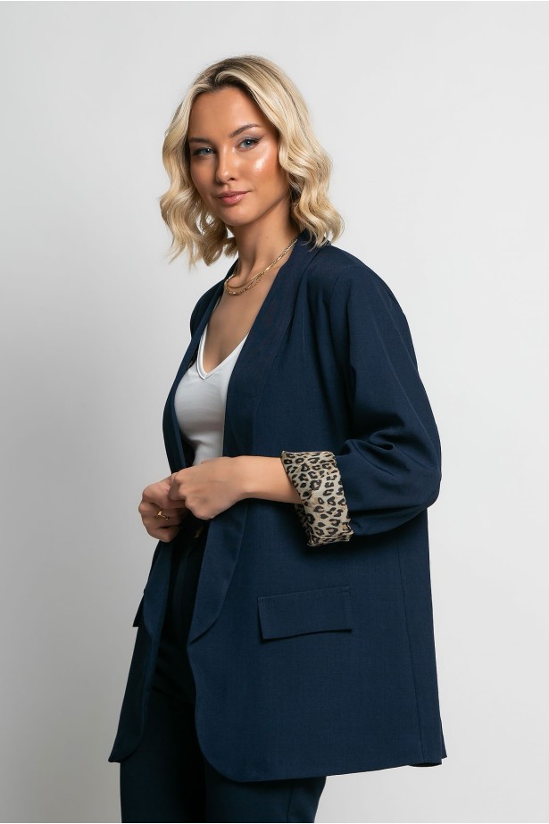 Blazer με φόδρα λεοπάρ μπλε navy