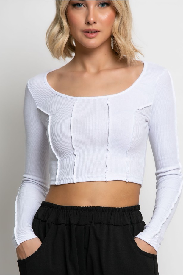 Cropped μπλούζα με λεπτομέρεια ραφές λευκό
