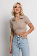 Crop top ριπ κοντομάνικο με γιακά μπεζ