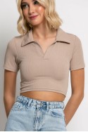 Crop top ριπ κοντομάνικο με γιακά μπεζ