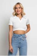 Crop top ριπ κοντομάνικο με γιακά λευκό