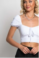 Crop top κοντομάνικο με κορδόνι στο στήθος λευκό