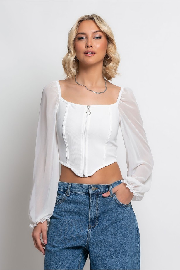 Cropped μπλούζα με φερμουάρ και τούλινα μανίκια λευκό