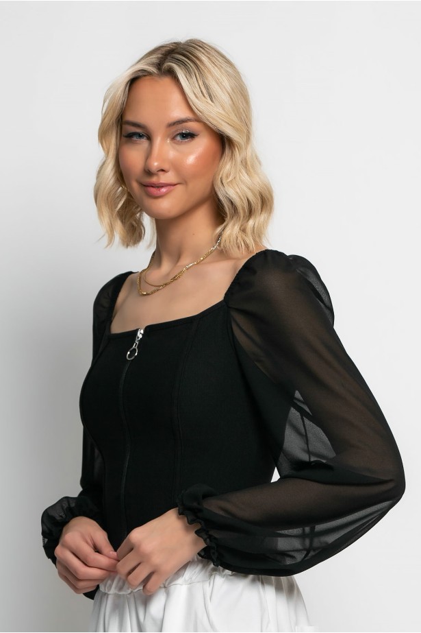 Cropped μπλούζα με φερμουάρ και τούλινα μανίκια μαύρο