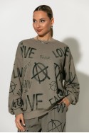 Oversized μπλούζα φούτερ με graffiti-style prints γκρι-μπεζ