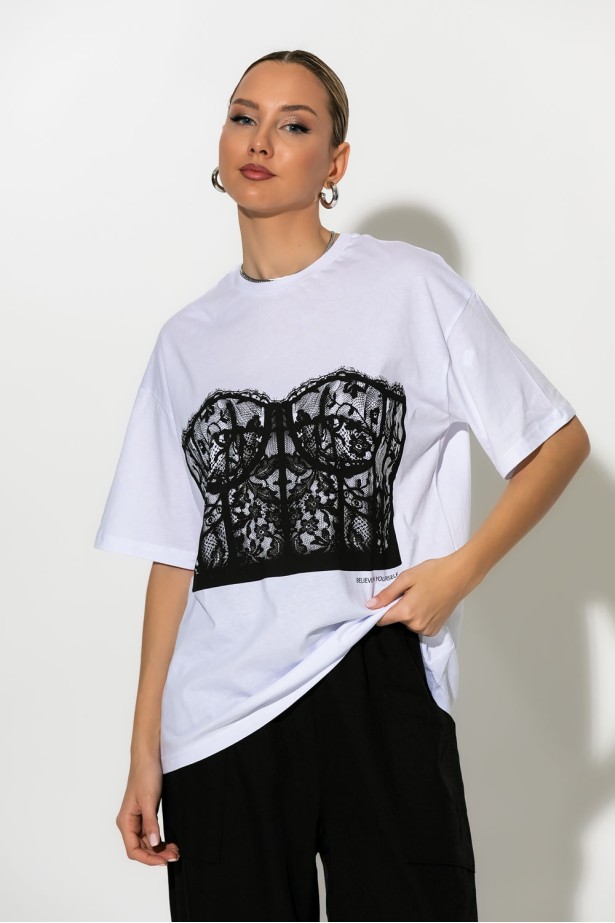 Oversized t-shirt με printed corset design λευκό