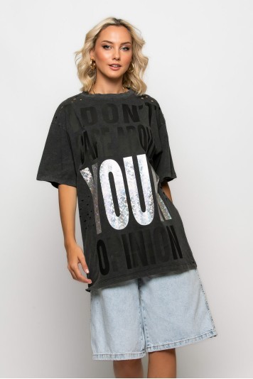 Oversized μπλούζα με φθορές και στάμπα dont care ανθρακί