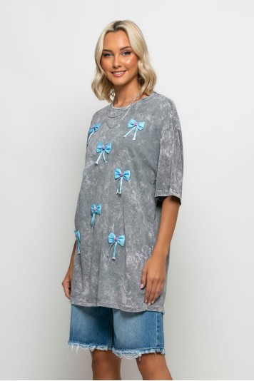 Oversized t-shirt με διακοσμητικούς σιέλ φιόγκους ανθρακί