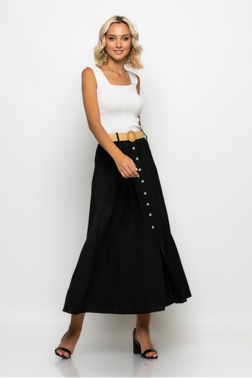 Μίντι φούστα με κουμπιά και ζώνη μαύρο