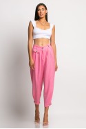 Cropped παντελόνι loose fit τύπου λινό με κουμπί κάτω ροζ