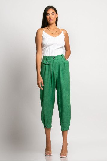 Cropped παντελόνι loose fit τύπου λινό με κουμπί κάτω πράσινο