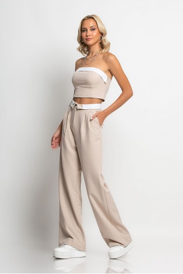 Σετ παντελόνα tailoring και στράπλες crop top μπεζ