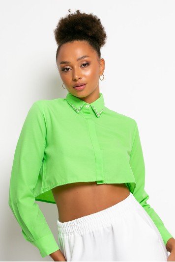 Cropped πουκάμισο με λεπτομέρεια πέρλες και στρας στον γιακά πράσινο
