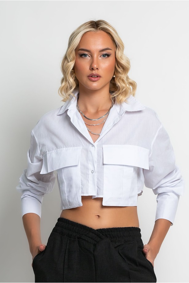 Cropped πουκάμισο με ασύμμετρες τσέπες λευκό