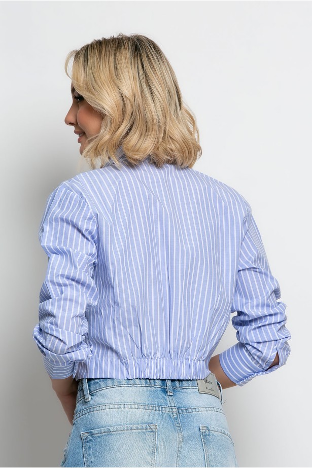 Cropped πουκάμισο ριγέ με λάστιχο πίσω μπλε