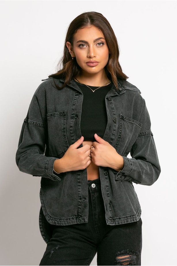 Jean jacket ασύμμετρο με μεγάλες τσέπες μαύρο
